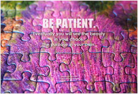 Karen Salmansohn Be patient. Eventually you will see the beauty in your chaos, the purpose in your pain